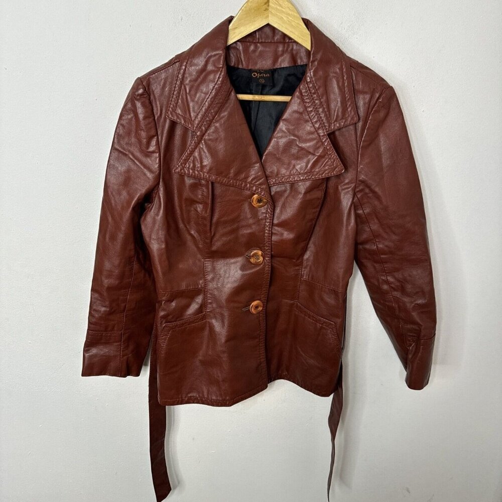Vintage Opera 70s Woman 13/14 (S) Brown Leather Jacket Belted‎